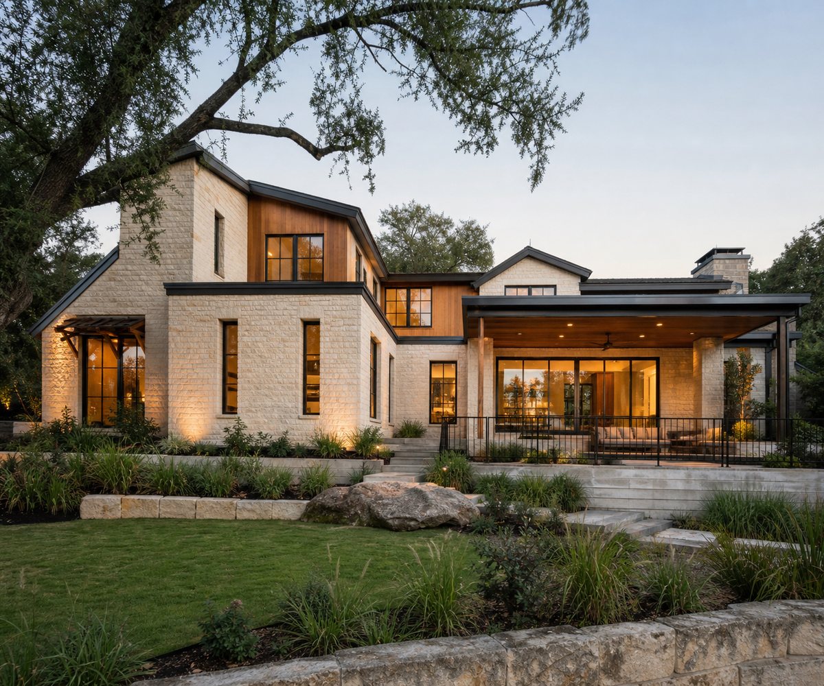 Contemporary home framed by mature trees